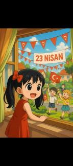 Bir kız çocuğu, pencerenin önünde duruyor ve dışarıya bakıyor. Üzerinde kırmızı bir elbise ve saçında kırmızı bir kurdele var. Pencerenin dışında, Türk bayrakları taşıyan ve coşkulu bir şekilde kutlama yapan çocuklar görülüyor. Gökyüzünde bulutlar var ve pencerenin üst kısmında "23 Nisan" yazılı bir pankart, Türk bayrağı desenli üçgen bayraklar asılı. Arka planda ağaçlar ve evler bulunuyor.