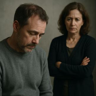 Durgun ve üzgün görünen bir adam ile arka planda kollarını kavuşturmuş, endişeli ve düşünceli bir kadın. Adam başını öne eğmiş, gözleri yere bakıyor. Kadın, adamı izliyor ve yüzünde ciddi bir ifade var. İki kişi de koyu renkli, sade kıyafetler giymiş. Arka plan nötr ve dikkat dağıtmayan bir renkte.