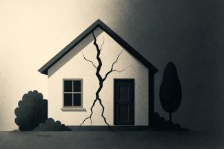 Çatlak bir ev, iki yandan farklı aydınlatılmış. Ev ortadan büyük bir çatlakla ikiye ayrılmış. Sol tarafta bir pencere ve çalılar, sağ tarafta bir kapı ve uzun bir ağaç var. Gri tonlarda ve gölgelendirmelerle oluşturulan görsel. Çatlak, hem duvardan hem de çatının üzerinden aşağıya doğru iniyor ve evin genel olarak hasarlı, güvensiz bir durumda olduğunu simgeliyor.